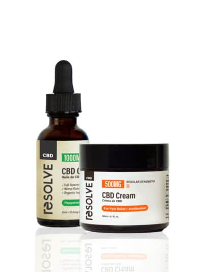 resolvecbd Peppermint recovery pack, picture of a bottle of 1000mg peppermint oil along with a jar of CBD pain cream 500mg