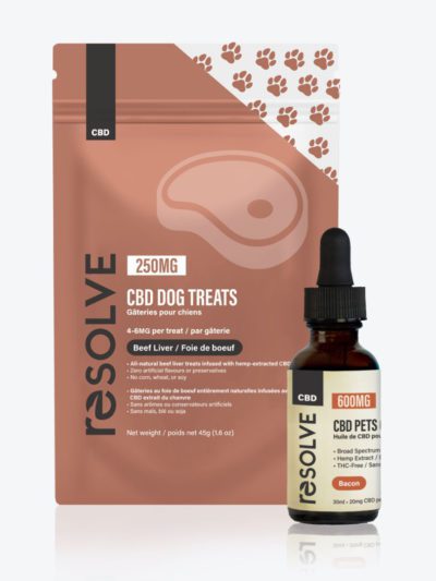 A pack of resolvecbd dog treats as well as a 600mg bottle of resolvecbd pets oil bacon flavour