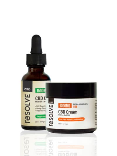 resolveCBD's Pro Recovery pack a bottle of 1500mg human peppermint oil and their jar of Pain Cream extra Strength 1000mg