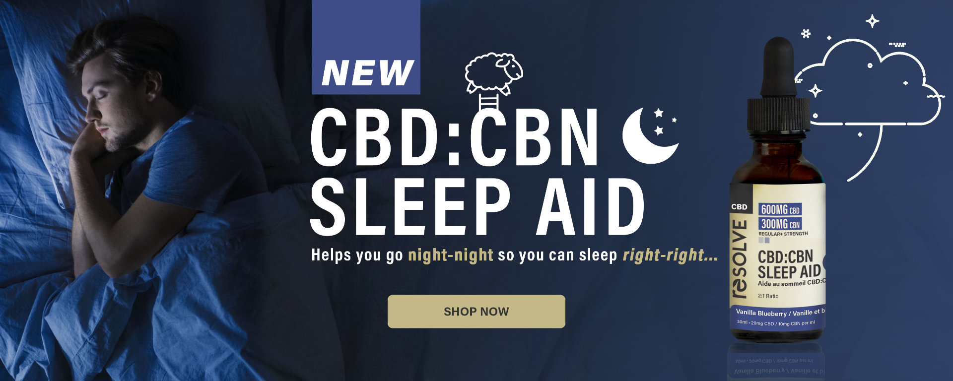 CBD:CBN Sleep Aid Campaign. Man sleeping soundly in bed on the left and a bottle of resolveCBD SLeep aid tincture! Click on the banner to shop now! Use code helpmesleep15 at checkout!
