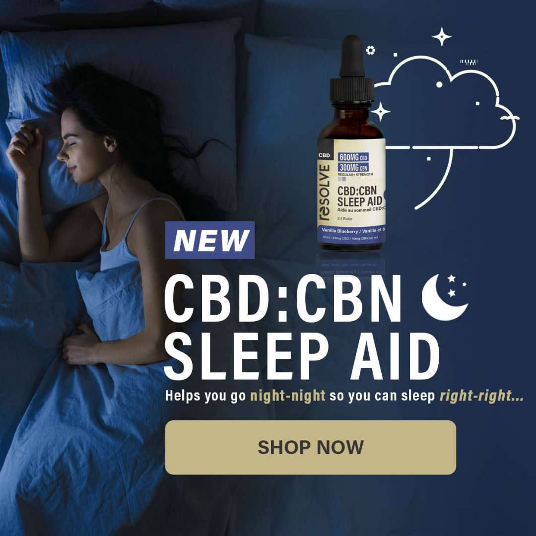 CBD:CBN Sleep Aid Campaign. Woman sleeping soundly in bed on the left and a bottle of resolveCBD SLeep aid tincture! Click on the banner to shop now! Use code helpmesleep15 at checkout!